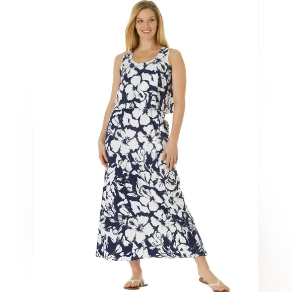 Woman Within 2X 26/28 Cotton Stretch Knit Tiered Maxi Dress Floral Sleeveless - Picture 9 of 9